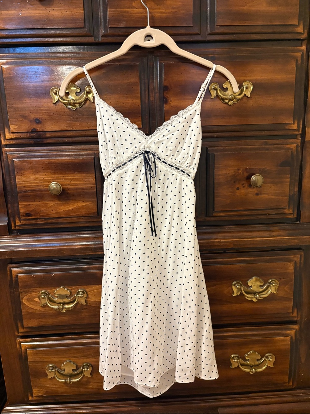 Hollister White Dress with Navy Polka Dots and Lace Trim